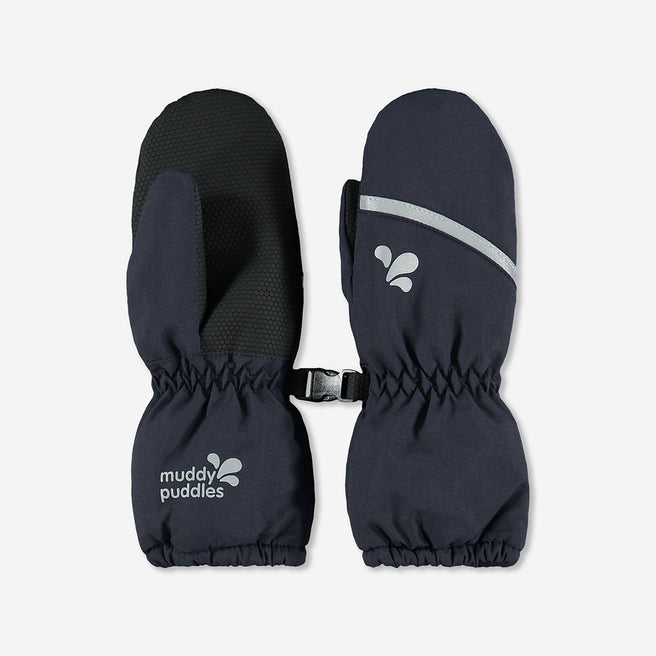 Navy Ski Mittens featuring reflective stripes and the 'muddy puddles' logo, connected with a black buckle.